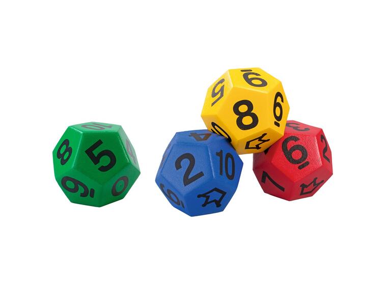 Terninger 12-sidet med tall og joker 4 stk | 20 cm skumterninger m/trekk 