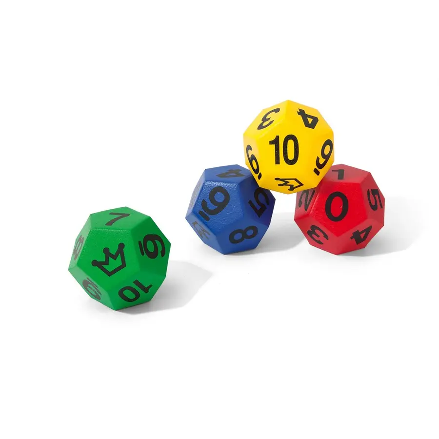 Terninger 12-sidet med tall og joker 4 stk | 20 cm skumterninger m/trekk 