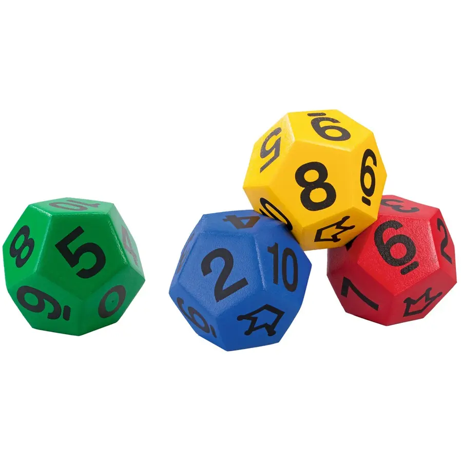 Terninger 12-sidet med tall og joker 4 stk | 20 cm skumterninger m/trekk 