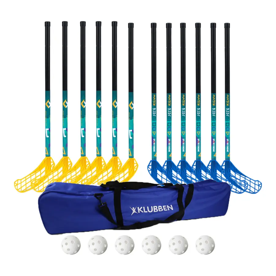 Innebandysett Match Kids 70 cm 12 innebandykøller | 6 baller | 1 bag 