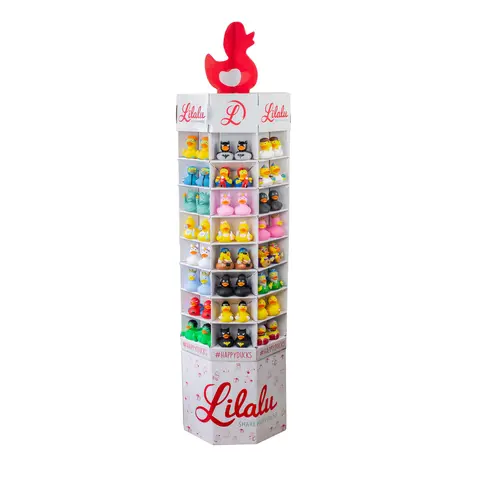 Salgsdisplay for 128 badeender Sjokkselger for 128 ender